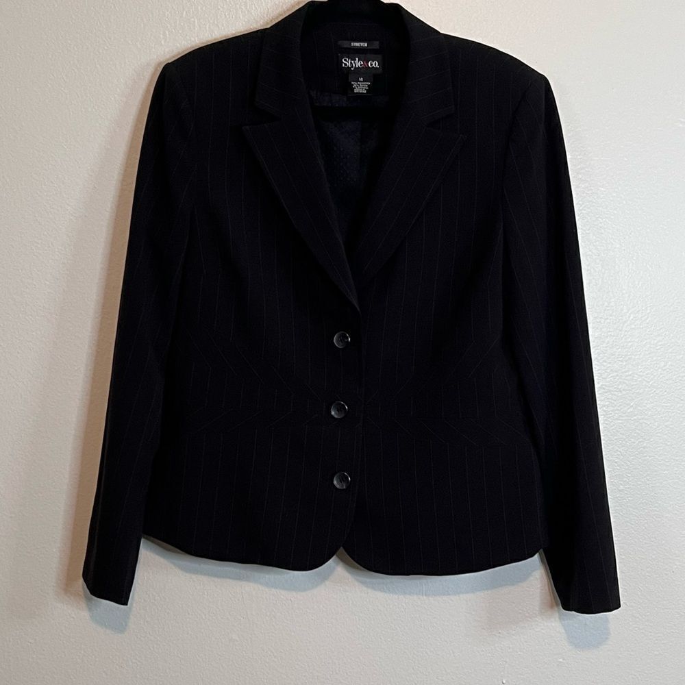Style & Co Blazer Women Size 14 Black Pin Stripe Stretch Career
